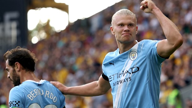Erling Haaland of Manchester City celebrates scoring.