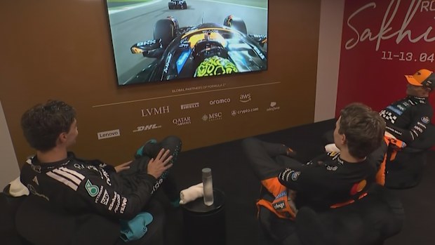 George Russell, Oscar Piastri and Lando Norris in the cooldown room following the Bahrain Grand Prix.