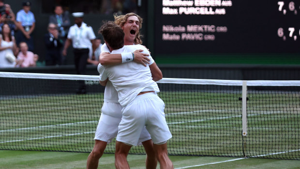 Matthew Ebden and Max Purcell of Australia celebrate after winning the Wimbledon men's doubles