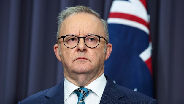 Prime Minister Anthony Albanese during a press conference at Parliament House in Canberra on Friday 27 March 2026. fedpol Photo: Alex Ellinghausen
