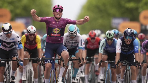 Denmark's Mads Pedersen celebrates winning the third stage of the Giro d'Italia .
