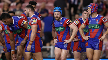 NEWCASTLE, AUSTRALIA - MARCH 07:  Jackson Hastings of the Knights reacts during the round one NRL match between Newcastle Knights and Canberra Raiders at McDonald Jones Stadium on March 07, 2024, in Newcastle, Australia. (Photo by Brendon Thorne/Getty Images)
