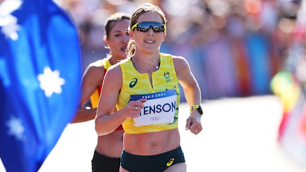 Jessica Stenson in action during the marathon at the Paris 2024 Olympics.