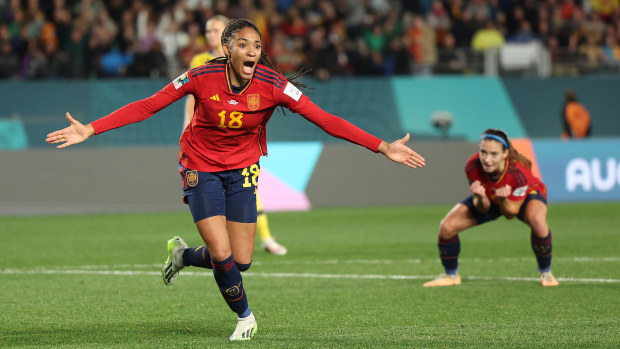 Salma Paralluelo of Spain celebrates after scoring her team's first goal during the FIFA Women's World Cup Australia & New Zealand 2023 Semi Final match between Spain and Sweden at Eden Park on August 15, 2023 in Auckland, New Zealand. (Photo by Phil Walter/Getty Images)