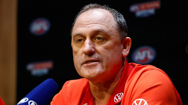 Dane Rampe of the Swans and John Longmire, Senior Coach of the Swans are seen during a press conference before the 2024 AFL Grand Final Parade on September 27, 2024 in Melbourne, Australia. (Photo by Michael Willson/AFL Photos via Getty Images)