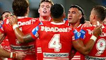 GOLD COAST, AUSTRALIA - MARCH 29: The Dragons huddle during the round four NRL match between Gold Coast Titans and St George Illawarra Dragons at Cbus Super Stadium, on March 29, 2026, in Gold Coast, Australia. (Photo by Chris Hyde/Getty Images)