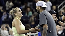 Aryna Sabalenka competes against Nick Kyrgios in a mixed doubles match as part of the Garden Cup tournament.