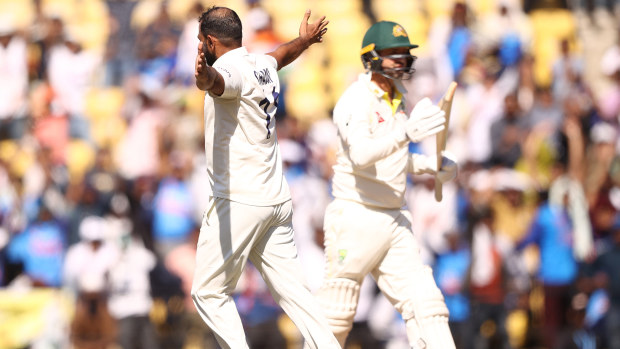 Mohammed Shami of India celebrates taking the wicket of Nathan Lyon of Australia during day three of the First Test match in the series between India and Australia at Vidarbha Cricket Association Ground on February 11, 2023 in Nagpur, India. (Photo by Robert Cianflone/Getty Images)