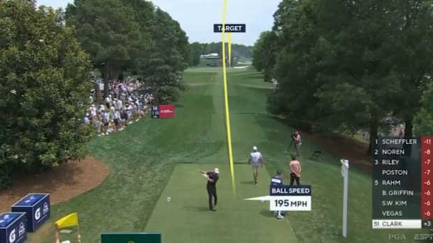 Wyndham Clark throws his club after his tee shot on the par-4 16th in the final round of the PGA Championship found a bunker.