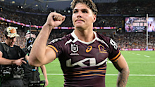 Reece Walsh of the Broncos celebrates victory after the NRL Preliminary Final.