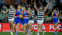 ADELAIDE, AUSTRALIA - APRIL 06:Cats celebrate the final siren  during the round four AFL match between Western Bulldogs and Geelong Cats at Adelaide Oval, on April 06, 2024, in Adelaide, Australia. (Photo by Mark Brake/Getty Images)