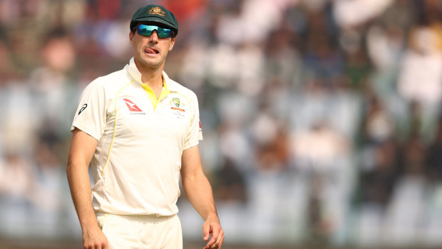DELHI, INDIA - FEBRUARY 18: Pat Cummins of Australia looks on during day two of the Second Test match in the series between India and Australia at Arun Jaitley Stadium on February 18, 2023 in Delhi, India. (Photo by Robert Cianflone/Getty Images)