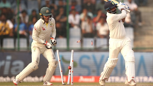 Mohammed Shami of India is bowled by Matthew Kuhnemann of Australia during day two of the Second Test match in the series between India and Australia at Arun Jaitley Stadium on February 18, 2023 in Delhi, India. (Photo by Robert Cianflone/Getty Images)