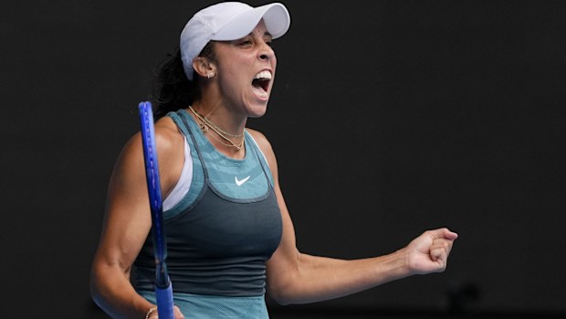 Madison Keys of the US celebrates after defeating Elina Svitolina of Ukraine.