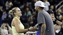 Aryna Sabalenka competes against Nick Kyrgios in a mixed doubles match as part of the Garden Cup tournament.