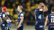 Alex Mafi of the Rebels reacts after the final whistle in the Super Rugby Pacific quarter-final match against the Hurricanes.