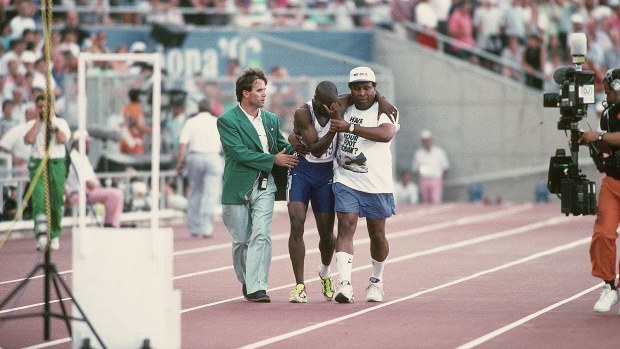 Derek Redmond and his dad Jim at the Barcelona 1992 Olympics.