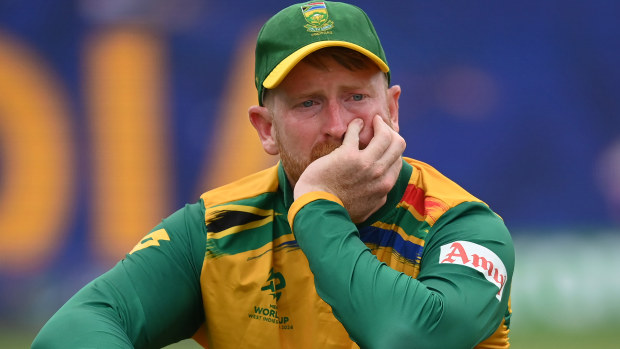 Heinrich Klaasen of South Africa sits and waits for the presentations after India won the ICC Men's T20 Cricket World Cup West Indies & USA 2024 Final match between South Africa and India at Kensington Oval on June 29, 2024 in Bridgetown, Barbados. (Photo by Philip Brown/Getty Images)