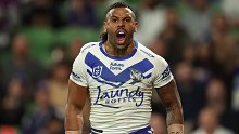 MELBOURNE, AUSTRALIA - APRIL 12: Josh Addo-Carr of the Bulldogs celebrates after scoring a try during the round six NRL match between Melbourne Storm and Canterbury Bulldogs at AAMI Park, on April 12, 2024, in Melbourne, Australia. (Photo by Robert Cianflone/Getty Images)
