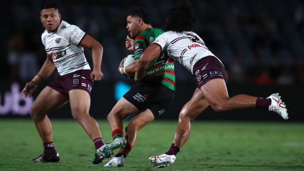 Jacob Gagai of the Rabbitohs plays in an NRL pre-season trial against the Sea Eagles in 2023.
