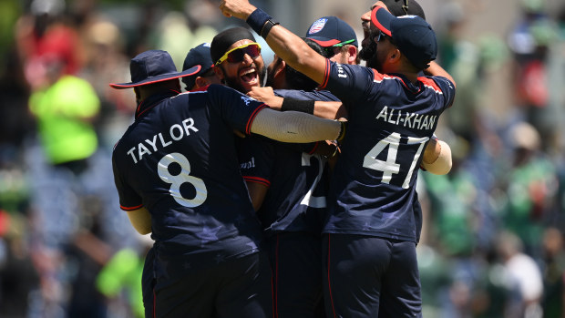 Team USA celebrate victory during the ICC Men's T20 Cricket World Cup over Pakistan.