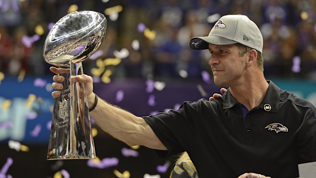 Baltimore Ravens head coach John Harbaugh holds the Vince Lombari trophy after winning Super Bowl XLVII at the Superdome in New Orleans on Sunday, Feb. 3, 2013. Baltimore defeats San Francisco 34-31 to win the Super Bowl. (Jose Carlos Fajardo/Bay Area News Group)