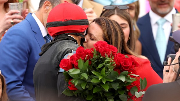 Jockey Jose Ortiz and Cherie DeVaux trainer of Golden Tempo.