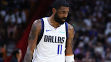 MIAMI, FLORIDA - APRIL 10: Kyrie Irving #11 of the Dallas Mavericks looks on against the Miami Heat during the second quarter of the game at Kaseya Center on April 10, 2024 in Miami, Florida. NOTE TO USER: User expressly acknowledges and agrees that, by downloading and or using this photograph, User is consenting to the terms and conditions of the Getty Images License Agreement. (Photo by Megan Briggs/Getty Images)