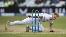England's Ben Stokes runs out New Zealand batsman Will Young