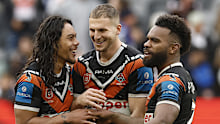 Adam Doueihi with his Tigers teammates after the round 22 win