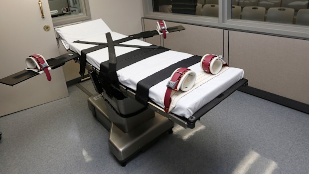 This photo shows the gurney in the execution chamber at the Oklahoma State Penitentiary in McAlester, Oklahoma.