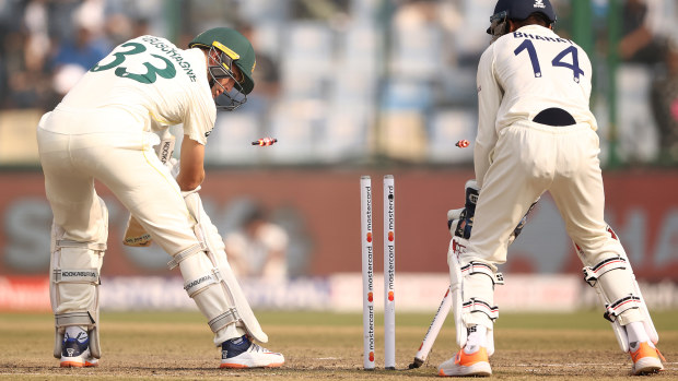 Marnus Labuschagne of Australia is bowled by Ravindra Jadeja of India during day three of the Second Test match in the series between India and Australia at Arun Jaitley Stadium on February 19, 2023 in Delhi, India. (Photo by Robert Cianflone/Getty Images)