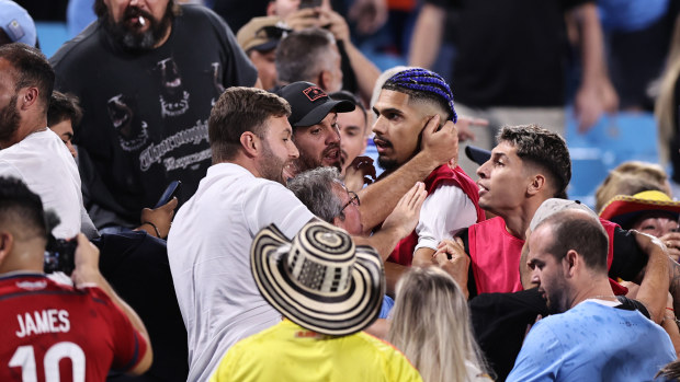 Ronald Araujo reacts towards fans in the stands after Uruguay's Copa America loss to Colombia. 