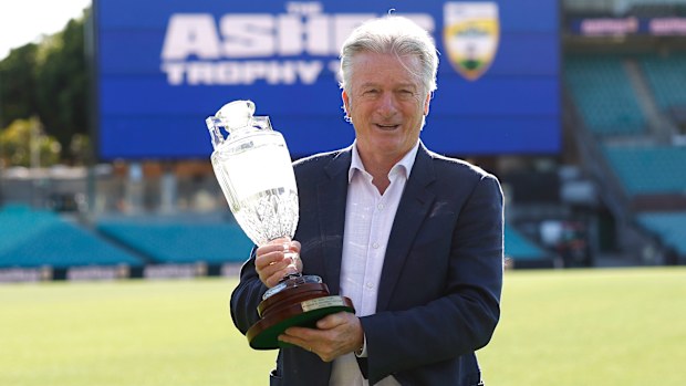 SYDNEY, AUSTRALIA - NOVEMBER 05: Steve Waugh delivers the MCC Waterford Crystal trophy during the Ashes Trophy Tour Media Opportunity at the Sydney Cricket Ground on November 05, 2025 in Sydney, Australia. (Photo by Brendon Thorne/Getty Images)