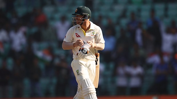 David Warner of Australia walks off after he was dismissed by Mohammed Shami of India during day one of the First Test match in the series between India and Australia at Vidarbha Cricket Association Ground on February 09, 2023 in Nagpur, India. (Photo by Robert Cianflone/Getty Images)