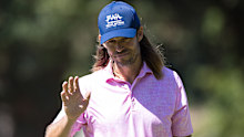 Aaron Baddeley of Australia acknowledges the crowd after sinking his birdie putt on hole #7 during the first round of the Fortinet Championship at Silverado Resort on September 14, 2023 in Napa, California. (Photo by Al Chang/ISI Photos/Getty Images)