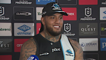 Addin Fonua-Blake speaks to media.
