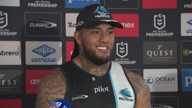 Addin Fonua-Blake speaks to media.