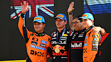 Lando Norris, Max Verstappen and Oscar Piastri after the Italian Grand Prix.