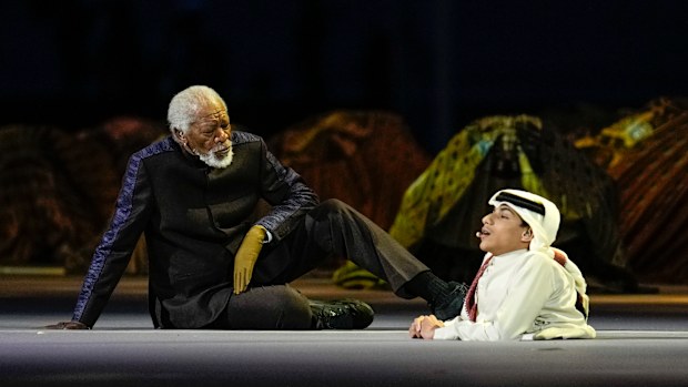 US actor Morgan Freeman and Qatari YouTuber Ghanim al Muftah during the opening ceremony of the FIFA World Cup, 2022.