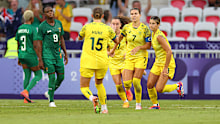 NICE, FRANCE - JULY 28: Steph Catley #7 of Team Australia celebrates scoring her team's fifth goal during the Women's group B match between Australia and Zambia during the Olympic Games Paris 2024 at Stade de Nice on July 28, 2024 in Nice, France. (Photo by Marc Atkins/Getty Images)