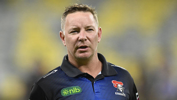 TOWNSVILLE, AUSTRALIA - APRIL 22: Newcastle coach Adam O'Brien looks on before the start of the round eight NRL match between North Queensland Cowboys and Newcastle Knights at Qld Country Bank Stadium on April 22, 2023 in Townsville, Australia. (Photo by Ian Hitchcock/Getty Images)