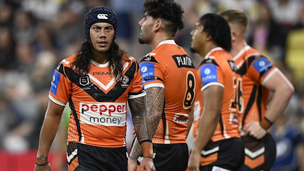 TOWNSVILLE, AUSTRALIA - MAY 31: Jarome Luai of the Tigers looks on during the round 13 NRL match between North Queensland Cowboys and Wests Tigers at Queensland Country Bank Stadium on May 31, 2025, in Townsville, Australia. (Photo by Ian Hitchcock/Getty Images)