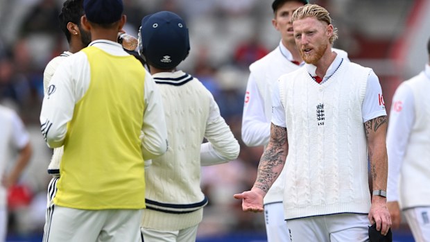 England captain Ben Stokes speaks with India batsman Ravindra Jadeja.