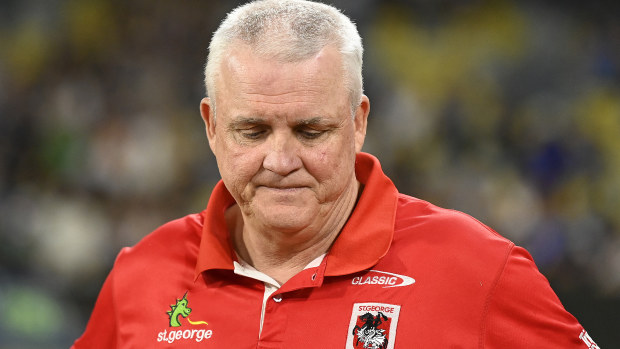 TOWNSVILLE, AUSTRALIA - MAY 13: Dragons coach Anthony Griffin looks on after losing the round 11 NRL match between North Queensland Cowboys and St George Illawarra Dragons at Qld Country Bank Stadium on May 13, 2023 in Townsville, Australia. (Photo by Ian Hitchcock/Getty Images)