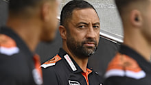 TOWNSVILLE, AUSTRALIA - MAY 24: Tigers coach Benji Marshall looks on before the start of the round 12 NRL match between North Queensland Cowboys and Wests Tigers at Qld Country Bank Stadium, on May 24, 2024, in Townsville, Australia. (Photo by Ian Hitchcock/Getty Images)