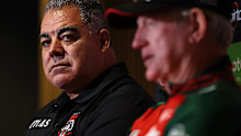Perth Bears coach Mal Meninga sits beside South Sydney coach Wayne Bennett.