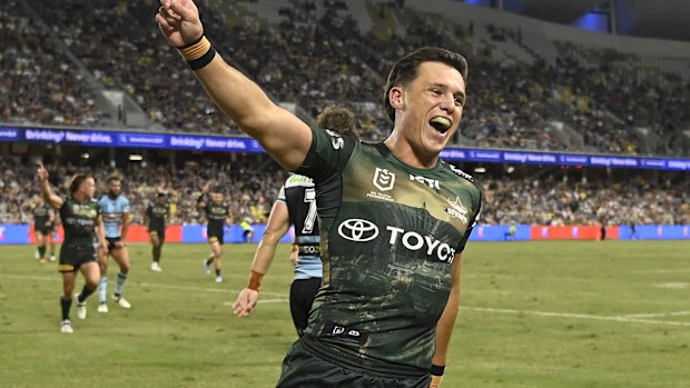 TOWNSVILLE, AUSTRALIA - APRIL 24: Scott Drinkwater of the Cowboys celebrates the try of Murray Taulagi of the Cowboysduring the round eight NRL match between North Queensland Cowboys and Cronulla Sharks at Qld Country Bank Stadium, on April 24, 2026, in Townsville, Australia. (Photo by Ian Hitchcock/Getty Images)