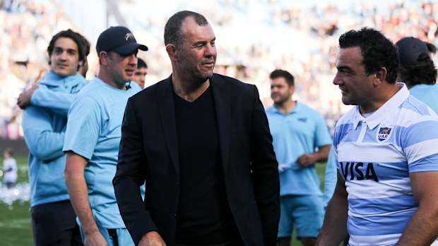 Michael Cheika and Agustín Creevy of Argentina after the Rugby Championship match.