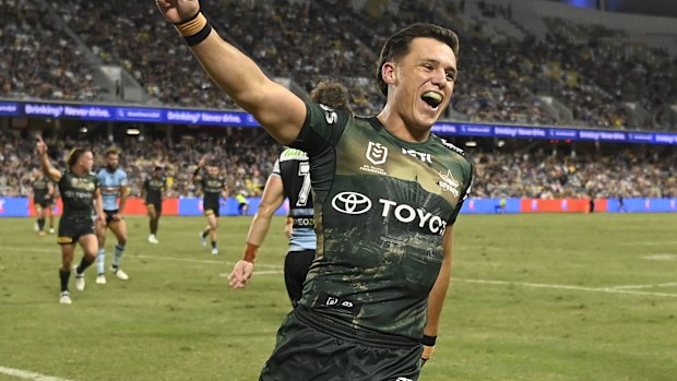 TOWNSVILLE, AUSTRALIA - APRIL 24: Scott Drinkwater of the Cowboys celebrates the try of Murray Taulagi of the Cowboysduring the round eight NRL match between North Queensland Cowboys and Cronulla Sharks at Qld Country Bank Stadium, on April 24, 2026, in Townsville, Australia. (Photo by Ian Hitchcock/Getty Images)